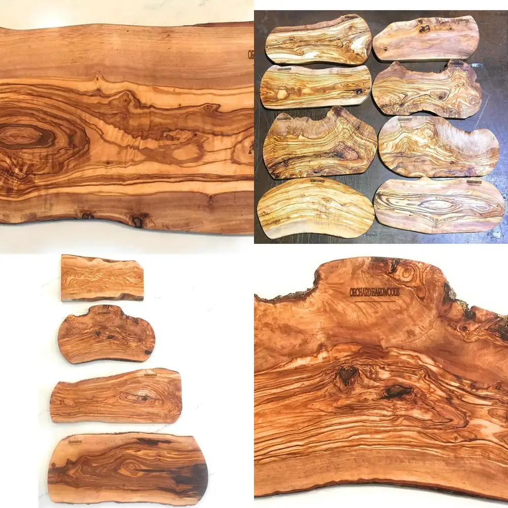 

Доска для мясных изделий из оливкового дерева среднего размера 16, края коры ручной работы для сервировки, измельчения и сыра.