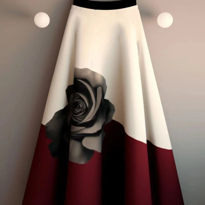 

Summer Women's Half Skirt Female Rose Red Clothing Fashion Flower Print Skirt Ladies Fashion High Waist Half Umbrella Skirt Q422