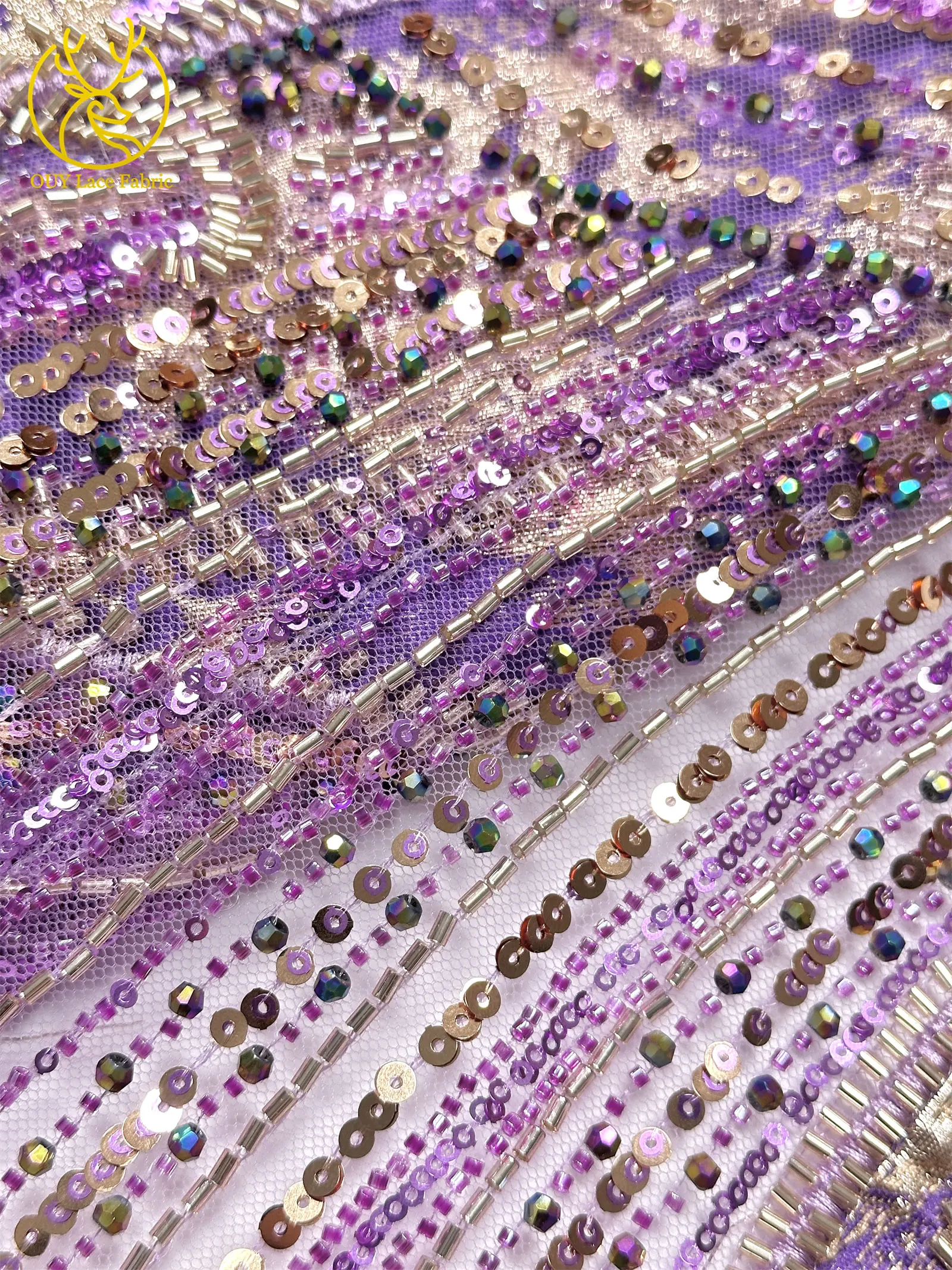 Lila luxuriöser afrikanischer schwere Perlen-Chiffon-Spitzenstoff 2026 Hochwertiger nigerianischer Pailletten-Spitzenstoff für Abendkleider 5 Yards – Detail 15
