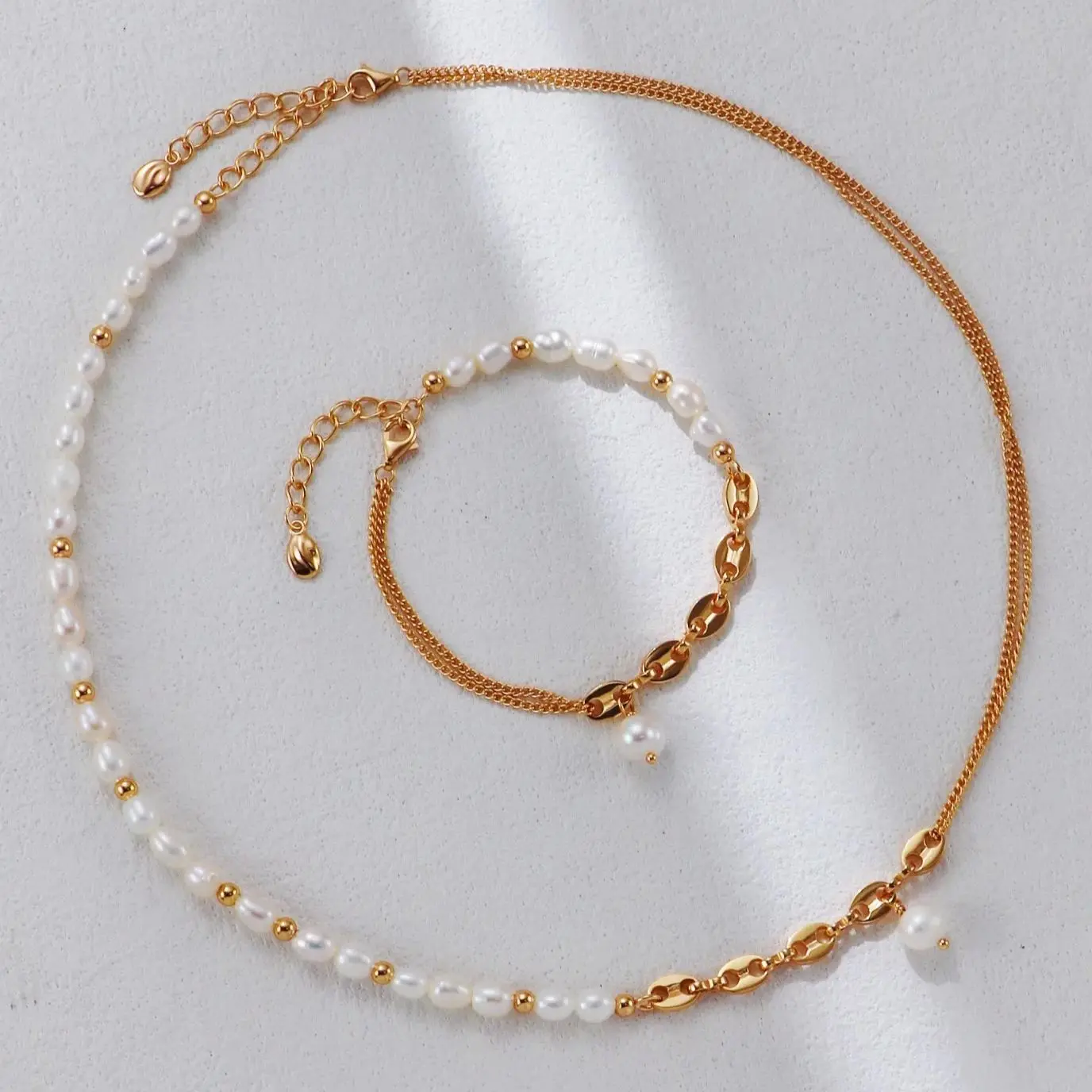 

Natural Freshwater Pearl Necklace 18K Gold Plated Trendy Pearl Bracelet Casual Jewelry Sets For Women Birthday/Christmas Gift