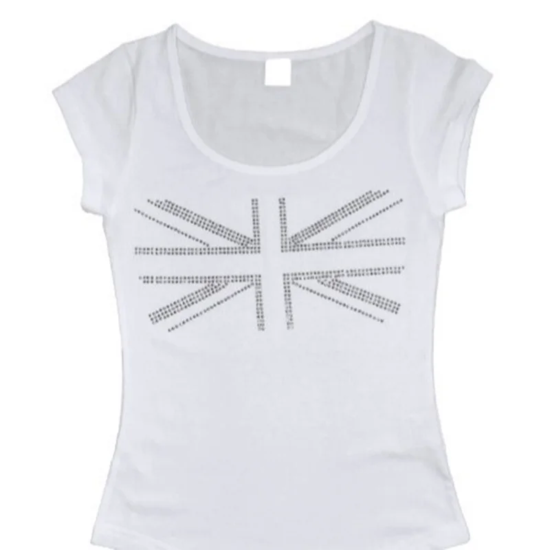 2026 Sommer Damen Y2K Strass Union Jack Print Rundhals T-Shirt Slim Fit Kurzarm Abgerundeter Saum Streetwear Crop Top – Detail 4
