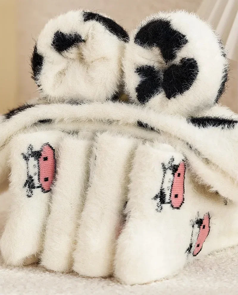 Cartoon Cute Cow Mink Velvet Socks Women Winter Soft Fleece Plush Warm Home Sleep Boot Socks Kawaii Y2K Furry Thermal Tube Sox