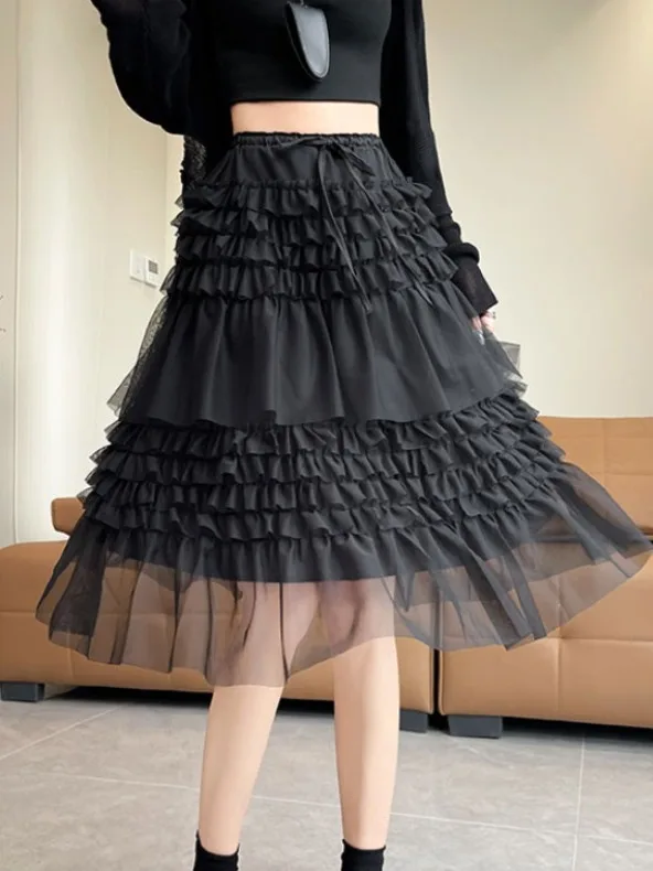 

Военно-зеленая кружевная юбка-полусолнце женская, с высокой талией, эластичная, А-силуэт, многоярусная, весна-лето, маленький размер, пышная миди-юбка