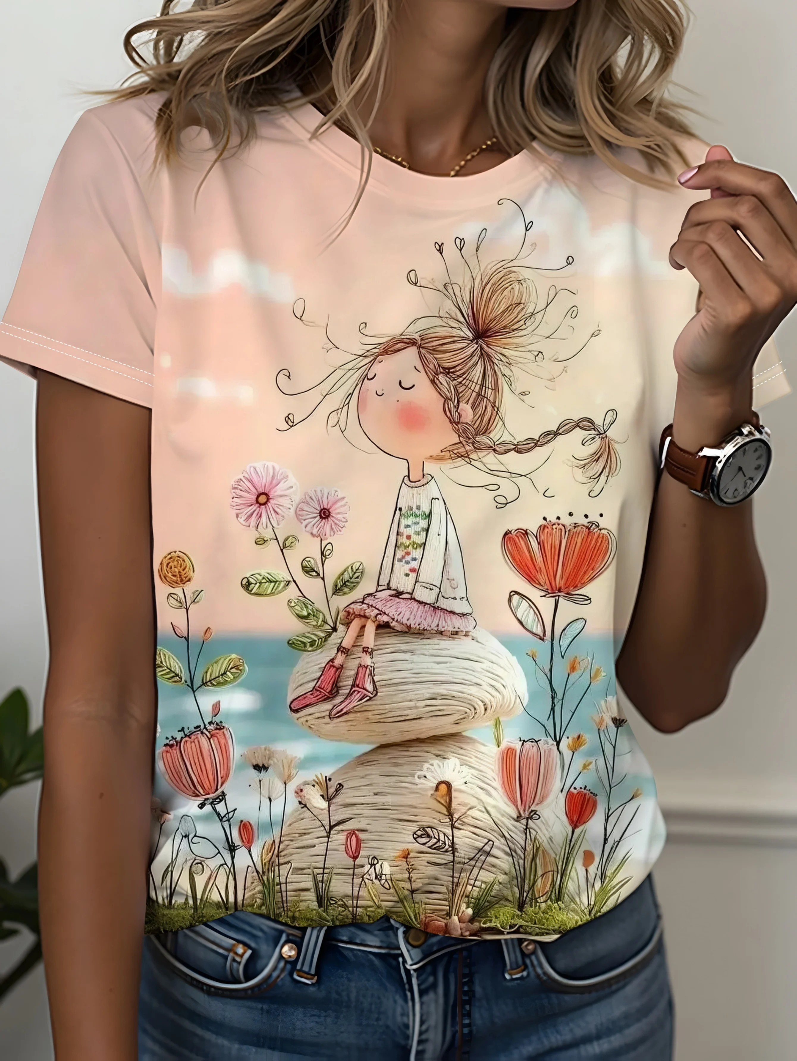 Women Trendy Art Print T‑Shirt Sweet Cartoon Girl Sitting On Stone Floral Seaside Doodle Design Short Sleeve Crew Neck Daily Tee