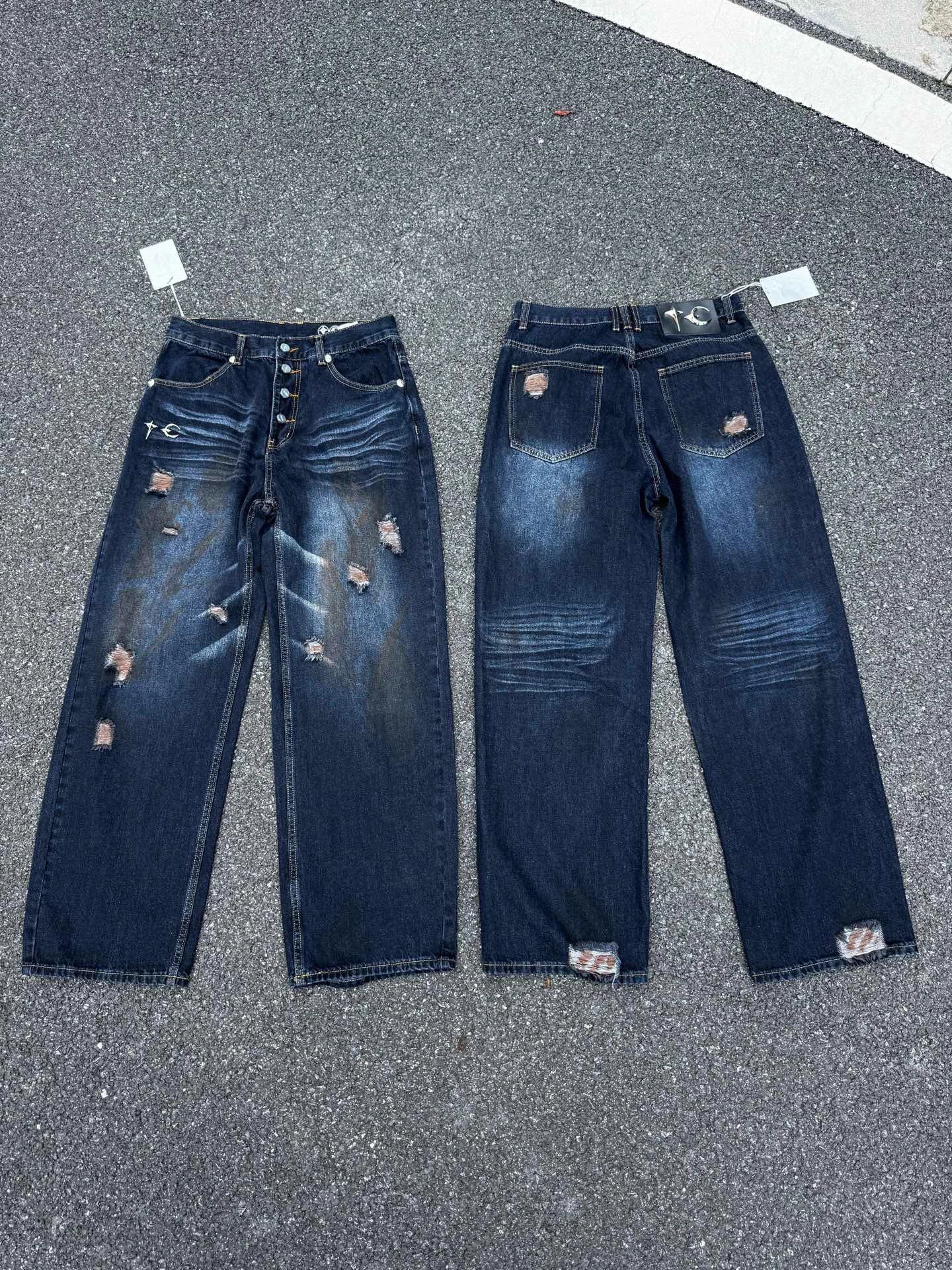 

High Street THUG CLUB Винтажные потертые джинсовые свободные джинсы, мужские и женские повседневные прямые брюки, летняя мода