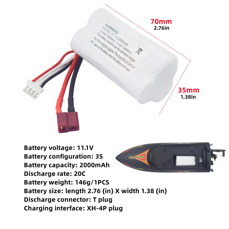 2PCS 11.1V 2000mAh T-plug Lithium Battery For R608 2104 210E 200E Brushless High-Speed Water-Cooled RC Speedboat