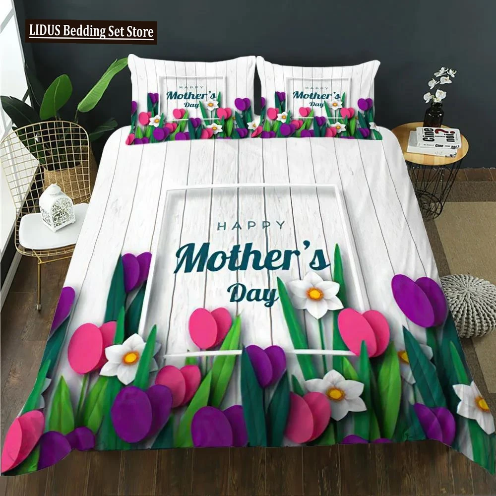 

Mother's Day King Queen Duvet Cover Express Love For Mom Wife Bedding Set Colorful Floral Quilt Cover Polyester Comforter Cover