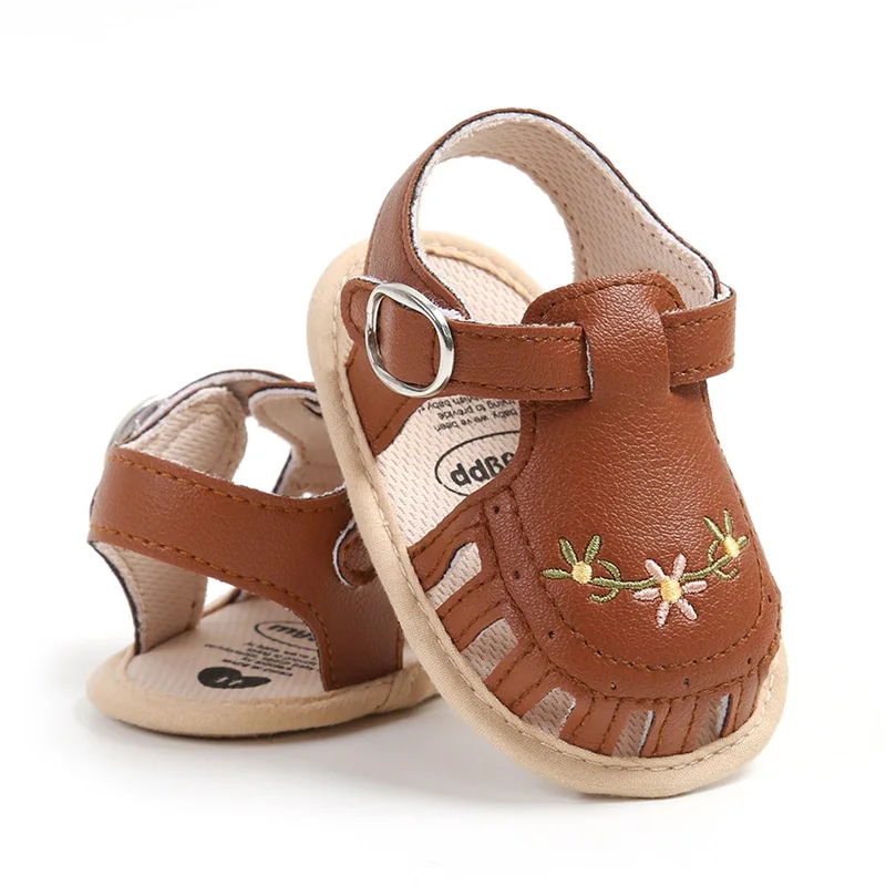 Baby Girl Sandals PU Leather Non-slip Embroidery Flower Summer Flats Toddler Shoes for Casual Daily