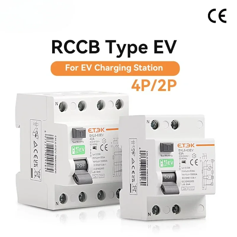 ETEK RCCB Type EV 2P  Earth Leakage Circuit Breakers for Car Evse Chargeing Station RCD 40A/63A 30ma EKL6-63EV 10KA Din Rail