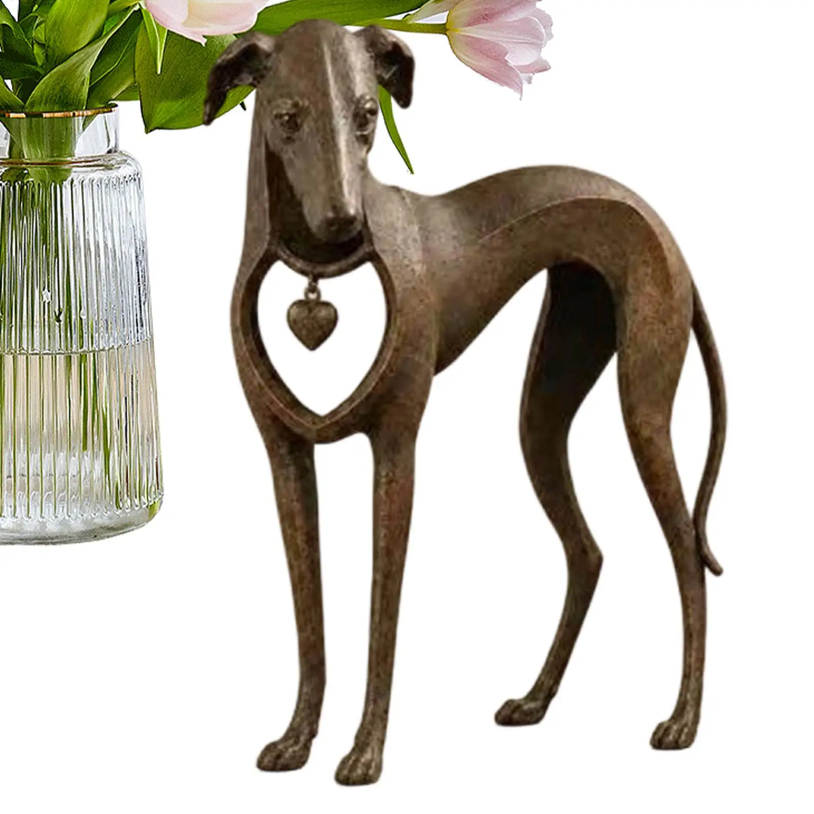 Greyhound Sculpture Resin Dog Figurine Retro Bronze Heart Ornament for Dog Lovers Pet Memorial Home Living Room Decoration