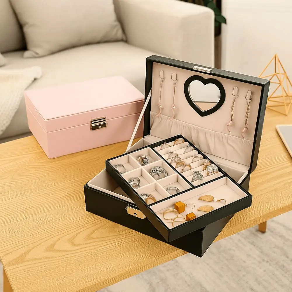 Practical PU Double Layer Jewelry Box Large Capacity Lockable Jewelry Display Case Dustproof Jewelry Storage Box for Home