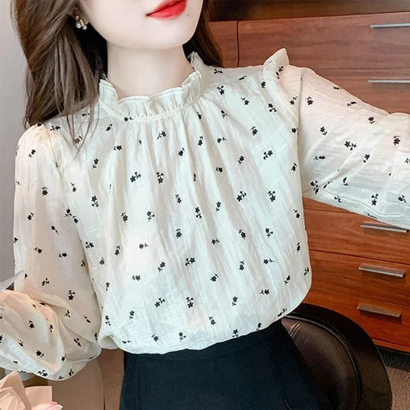 

New 2025 Stand Collar Long Sleeve Printed Chiffon Shirt Women's Design Bottoming Top