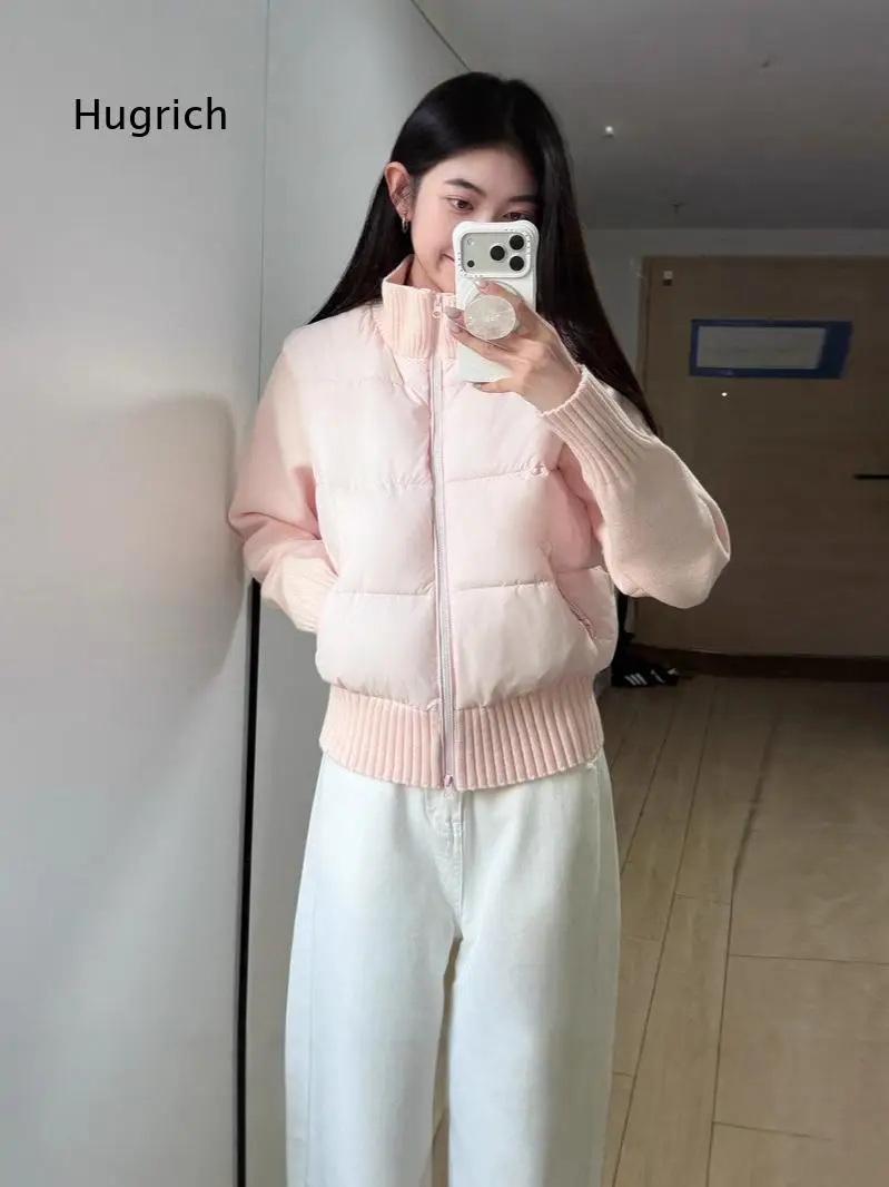 Womens Short Stand Collar Padded Coat Knit Spliced Design Warm Winter Outerwear Suitable For Petite Figures Casual Daily Wear