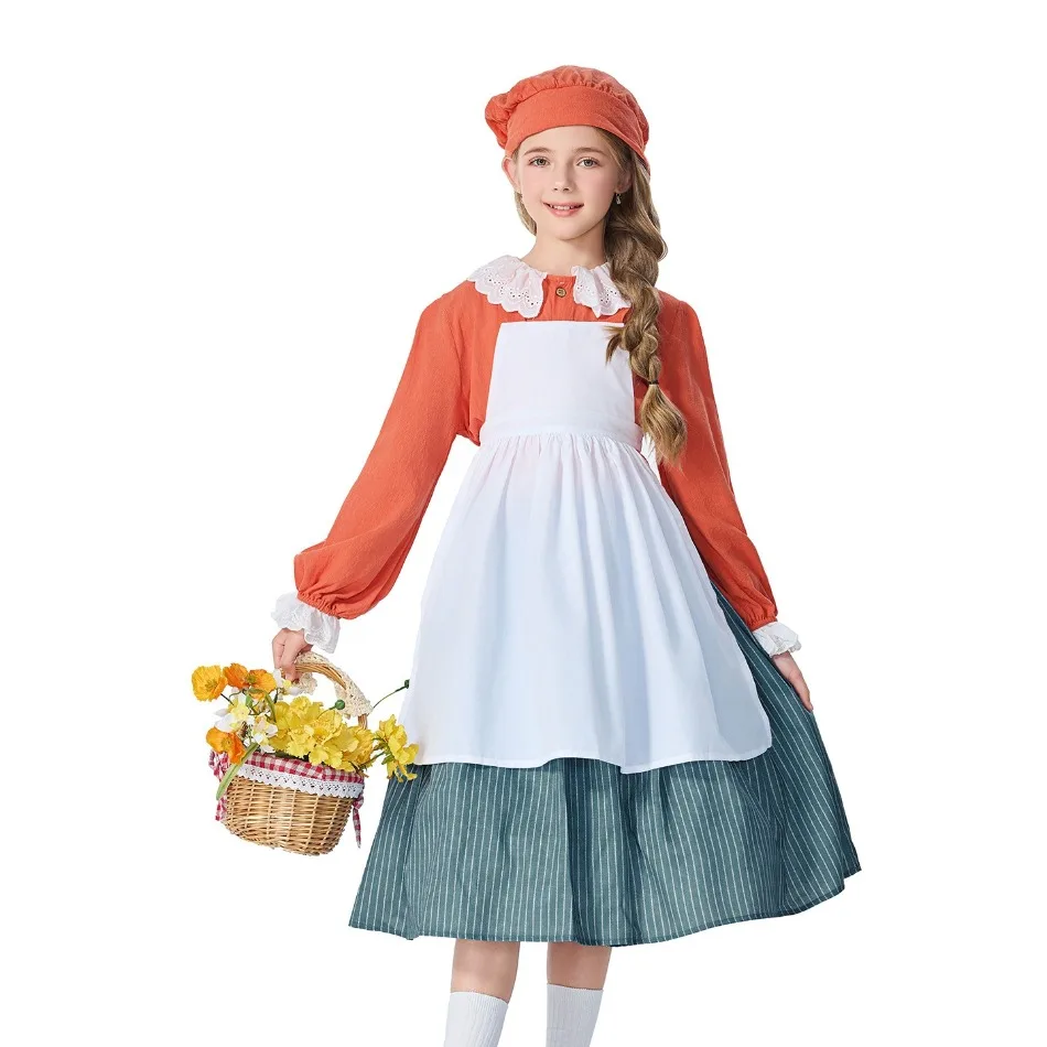 Girls Vintage Prairie Peasant Apron Dress Kids Country Farm Outfit School Play Character Dress Up Halloween Party Costume PS66