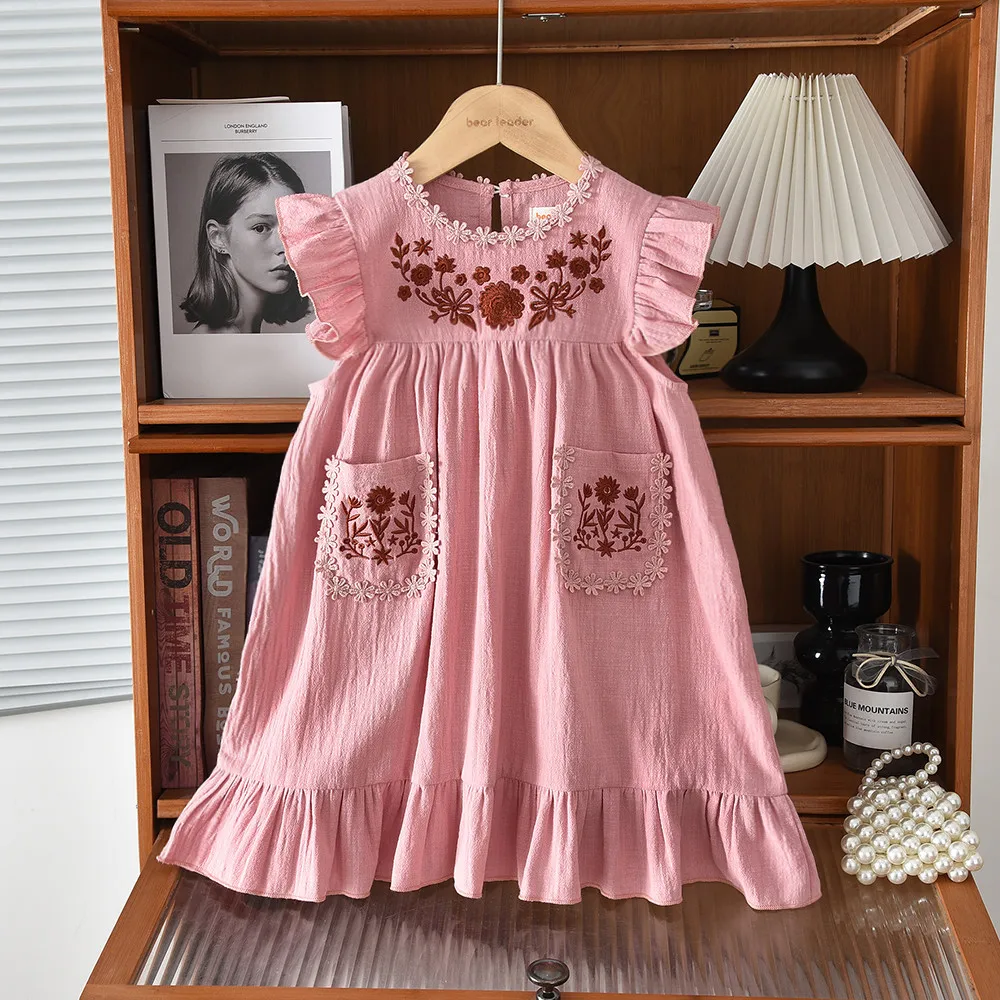 

3-7 Years Old Summer Sweet Pink Flower Girl Dresses Fashionable Casual Embroidered Flower Pocket Sleeveless Princess Dress