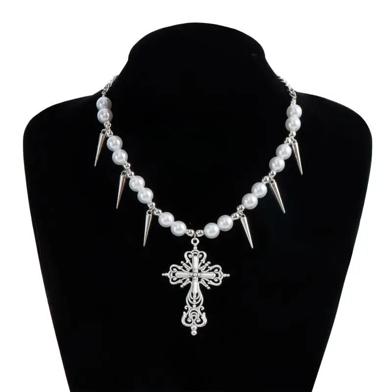 مبالغ فيها الشرير Y2K برشام اللؤلؤ الصليب قلادة قلادة غير النظامية الهيب هوب الرجال والنساء المختنق قلادة خاتم هدايا مجوهرات أنيقة #5