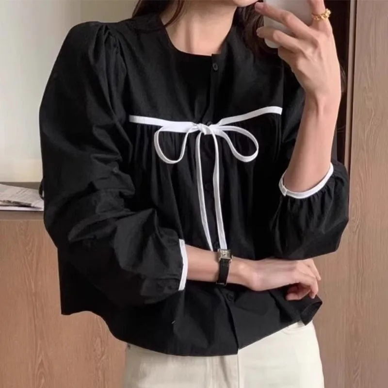 QWEEK Elegant Office White Shirt Women Korean Style Youthful Long Sleeve Loose Blouse Casual Chic Solid Color Clothes Autumn