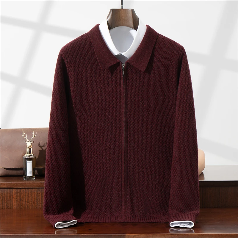 100% Wool Sweater Turn-Down Collar Cardigan Men's Knitted Casual Sweater Zipper Middle-Aged Men's Knitted Jacket