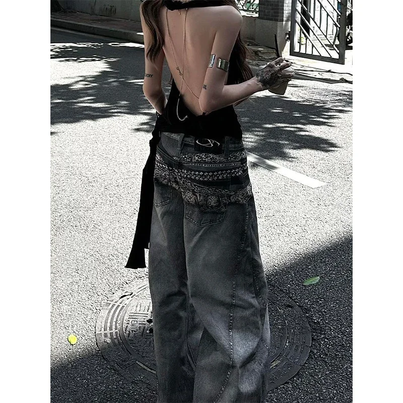 Jean imprimé taille haute rétro américain pour femmes, Hip Hop décontracté Baggy Y2K, pantalon en Denim à jambes larges, Streetwear Grunge, automne 2025
