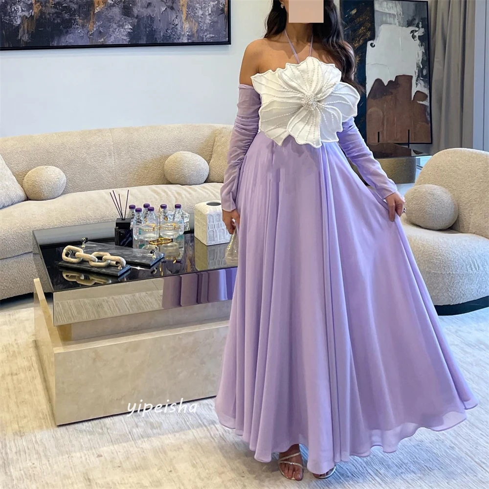 Customized Jiayigong  Chiffon Draped Flower Beading Evening A-line Halter Bespoke Occasion Gown Long Sleeve Dresses