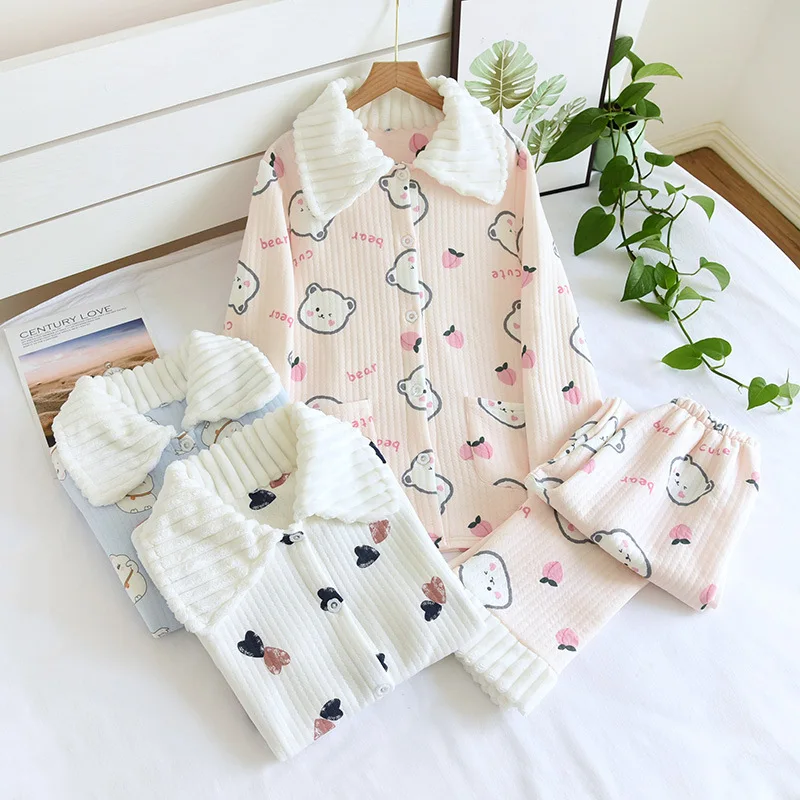 

Thicken winter pajamas sets women cute cat keep warm 100% scuba cotton Quilted long-sleeved sleepwear women pyjamas