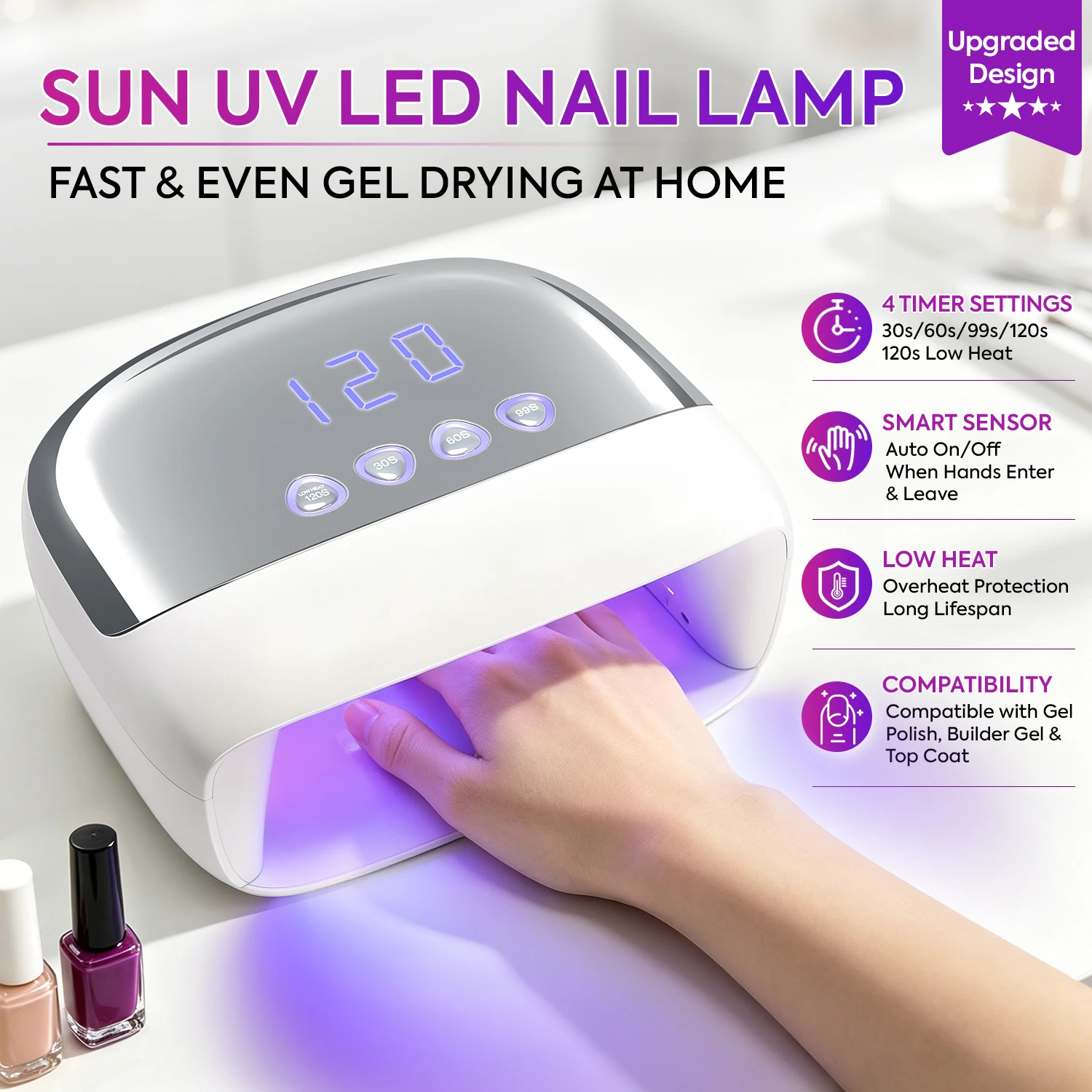 SUN UV LED Nail Lamp with Extra Large Space, 36 Dual Wavelength 365+405nm LED Beads, 4 Timer Settings 30s/60s/99s/120s