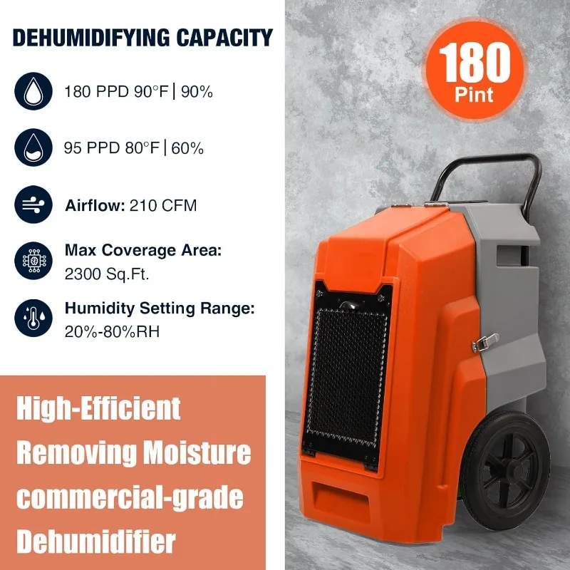 180Pints LGR Industrial Dehumidifier with Pump and Drain Hose, Portable Commercial Dehumidifier with Wheels for Home,