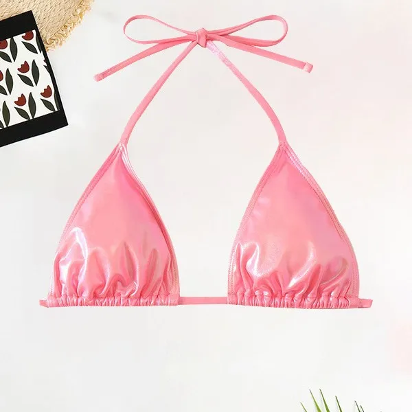 2025年夏新作水着 レディース パテントレザー生地 セクシー ホルターネック 無地 ビキニ水着