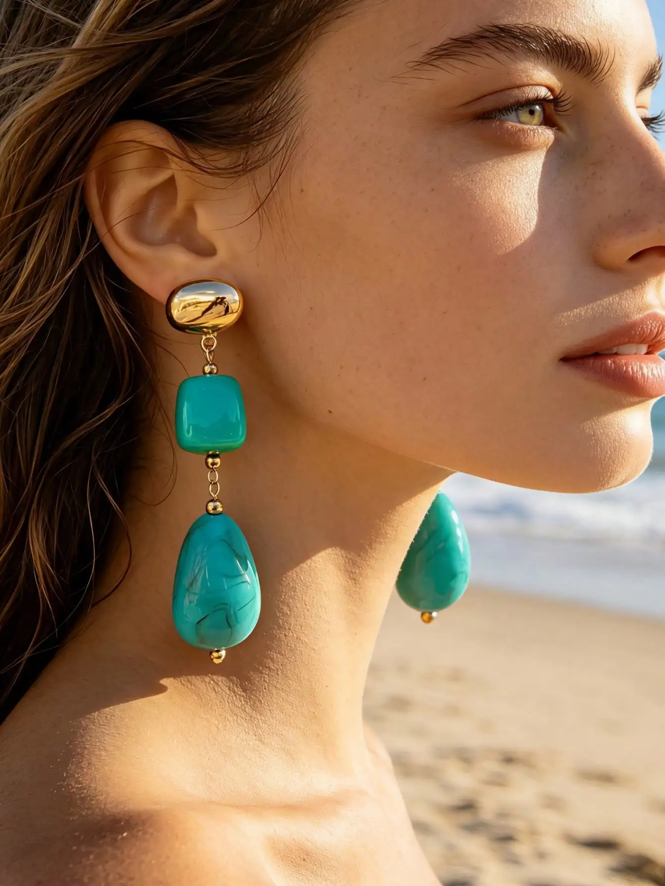 Luxury Vacation Style Gold Plated Blue Green Resin Block Waterdrop Splicing Long Dangle Earrings for Ladies Beach Commute Niche