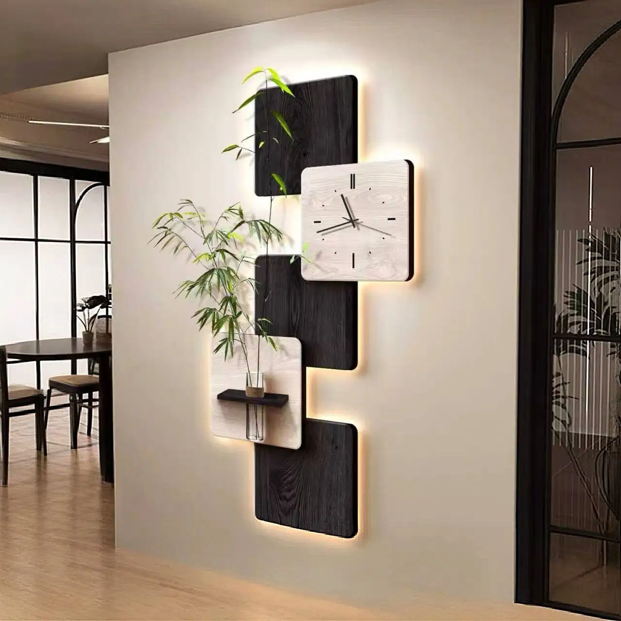 Medieval Style Entryway Decorative Painting with Hydroponic Greenery, Hanging Art with Clock and Wall Lamp