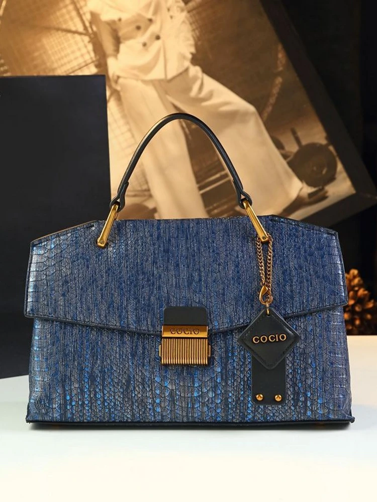 Blue Snake Skin Pattern Handbag Fashionable Versatile Shoulder Crossbody Bag for Men And Women Business Commuting Style