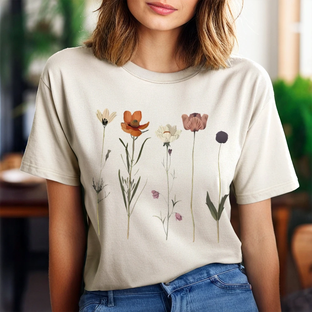 

Wildflowers Graphic T-shirt Women's Short Sleeved O-Neck Top Lady Fashionable Printed Tee Female Summer Trendy Casual Cute Top
