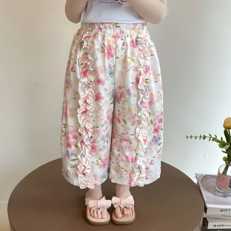 2026 Summer New Flower Pattern Lotus Leaf Lace Elastic Waist Thin Anti Mosquito Pants for Children