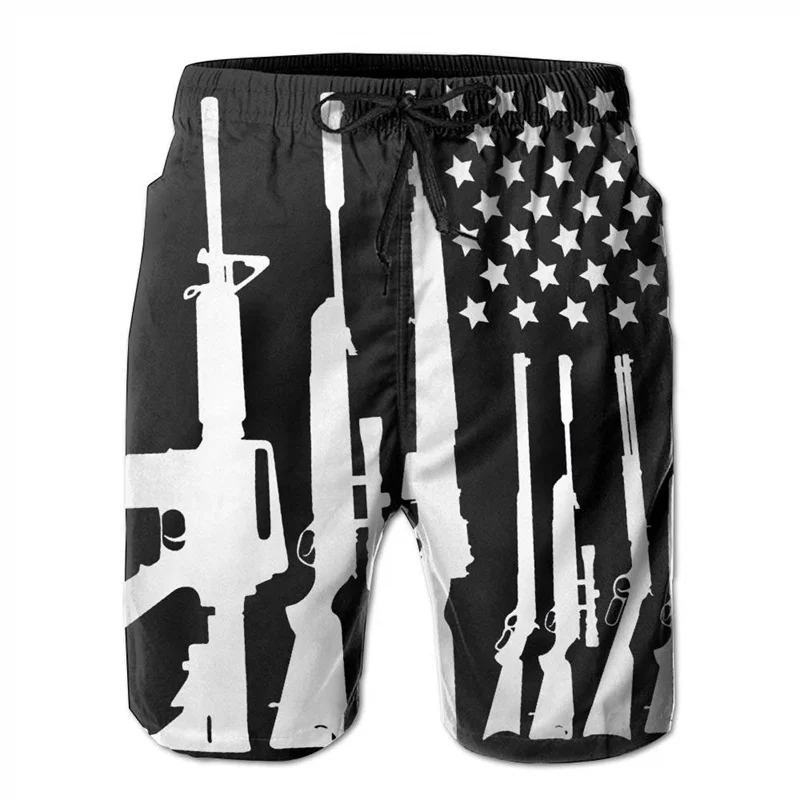 Traje de baño con estampado 3D para hombre, bañador con bandera americana, armas de pistola, pantalones cortos de tabla de Hip Hop, bañador de Surf,