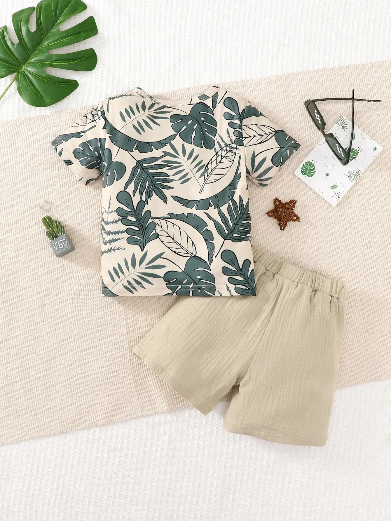 2PCS Kids Boy Clothes Set Short Sleeves Leaf Print Pocket Style T-shirt+Shorts Summer Handsome Outfit For Child Boy 4-7 Years