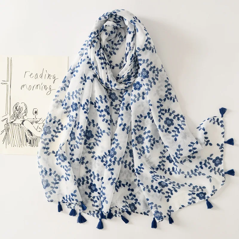 Fresh and Sweet Style Blue and White Porcelain Floral Long Scarf with Tassels Soft Sunscreen Beach Shawl for Women 180x90cm