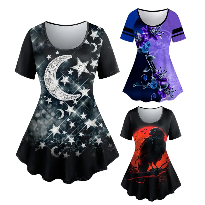 Women's Moon Star Glitter Printed T-shirt, Summer Short Sleeves, Raglan Shoulder Tops, Casual Clothing Tees, Plus Size, 6X