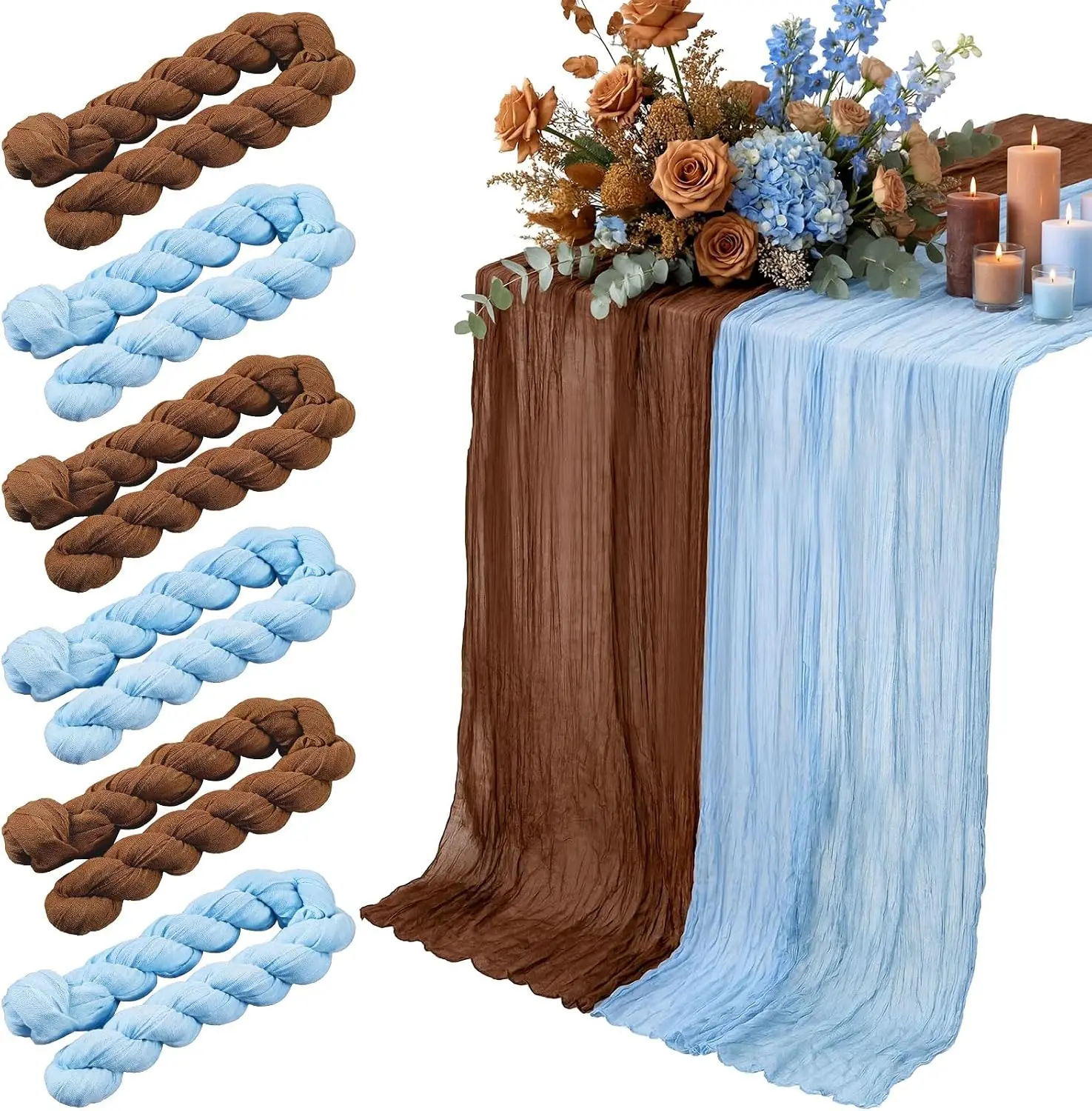 6 Pcs Blue Brown Cheesecloth Table Runner Boho Gauze Tablecloth Rustic Dinning Table for Baby Shower Wedding Bridal Party Decor