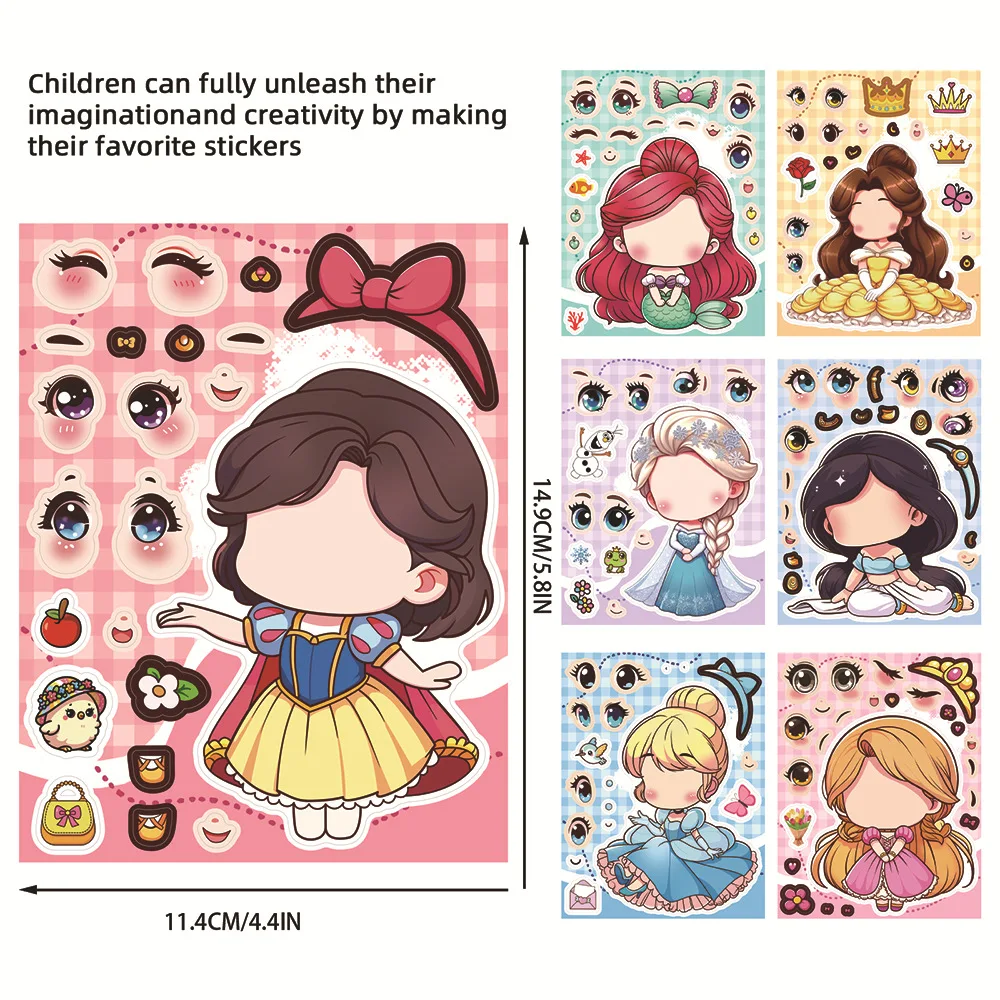 8/24 قطعة ملصقات وجه متغيرة على شكل أميرة كرتونية يمكنك صنعها بنفسك كوب ماء مقاوم للماء ملصقات دفتر قرطاسية للأطفال