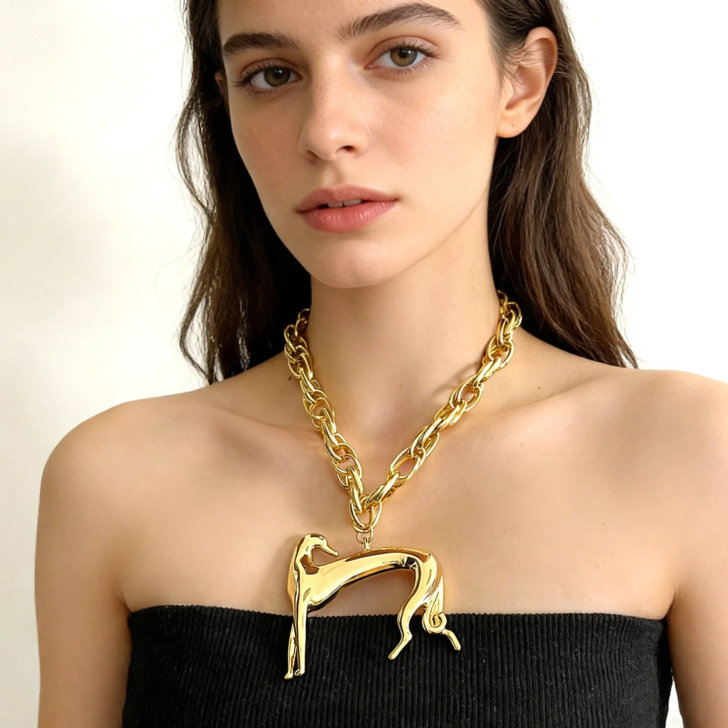 Vintage Greyhound Dog Pendant Necklace Chunky Chain Sculptural Animal Statement Necklace Women Luxury Jewelry