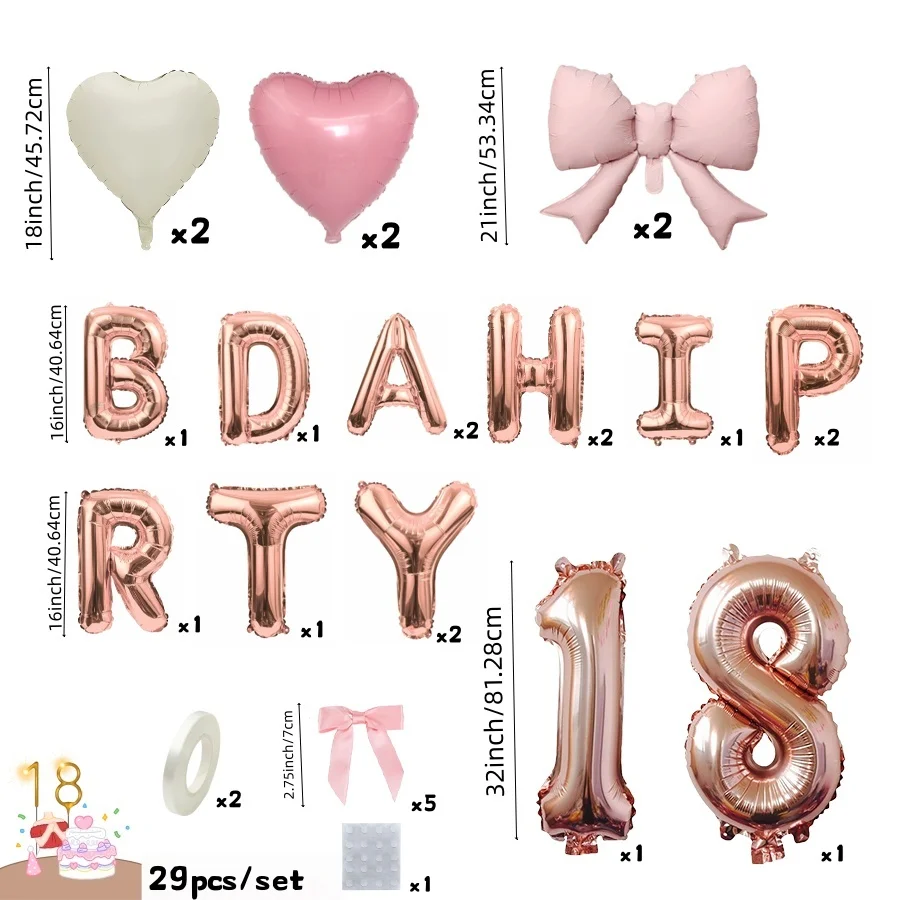29Pcs 18Th Birthday Pink Theme Balloon Set, 32inch Rose Gold Number 1 and 8 Foil Balloons with Pink Bow and Heart Balloons, 16inch Rose Gold Happy Birthday Banner, Suitable for Adult 18Th Birthday Princess Party Decoration Balloons