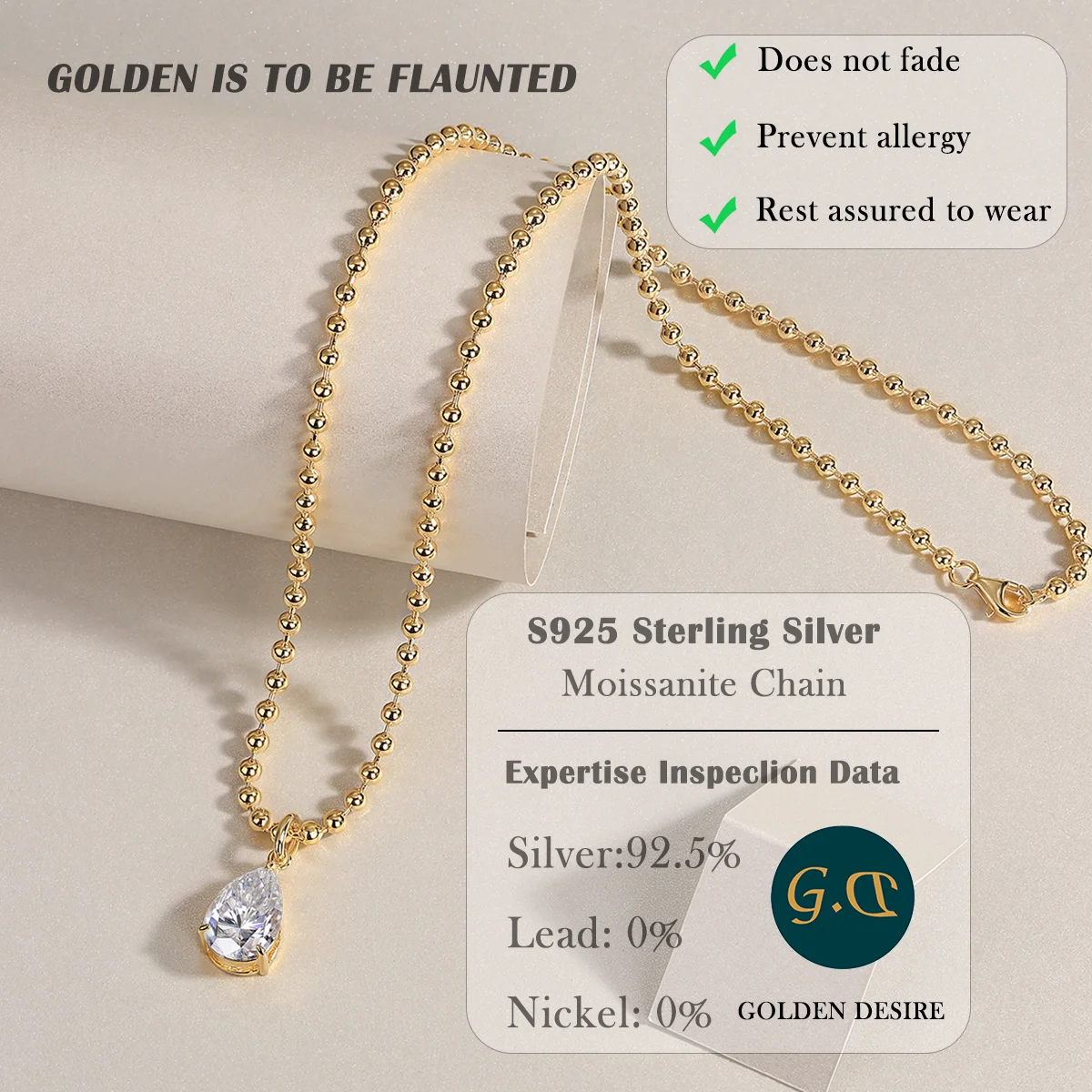 3.95ct 18K Gold Plated Necklace with Beaded Chain and Stunning Pear-Cut Moissanite Pendant - Elegant and Stylish