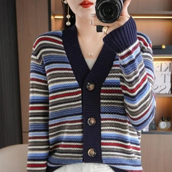 2024 autumn and winter cashmere sweater women's cashmere cardigan sweater cardigan ethnic style sweater splicing sweater cardiga