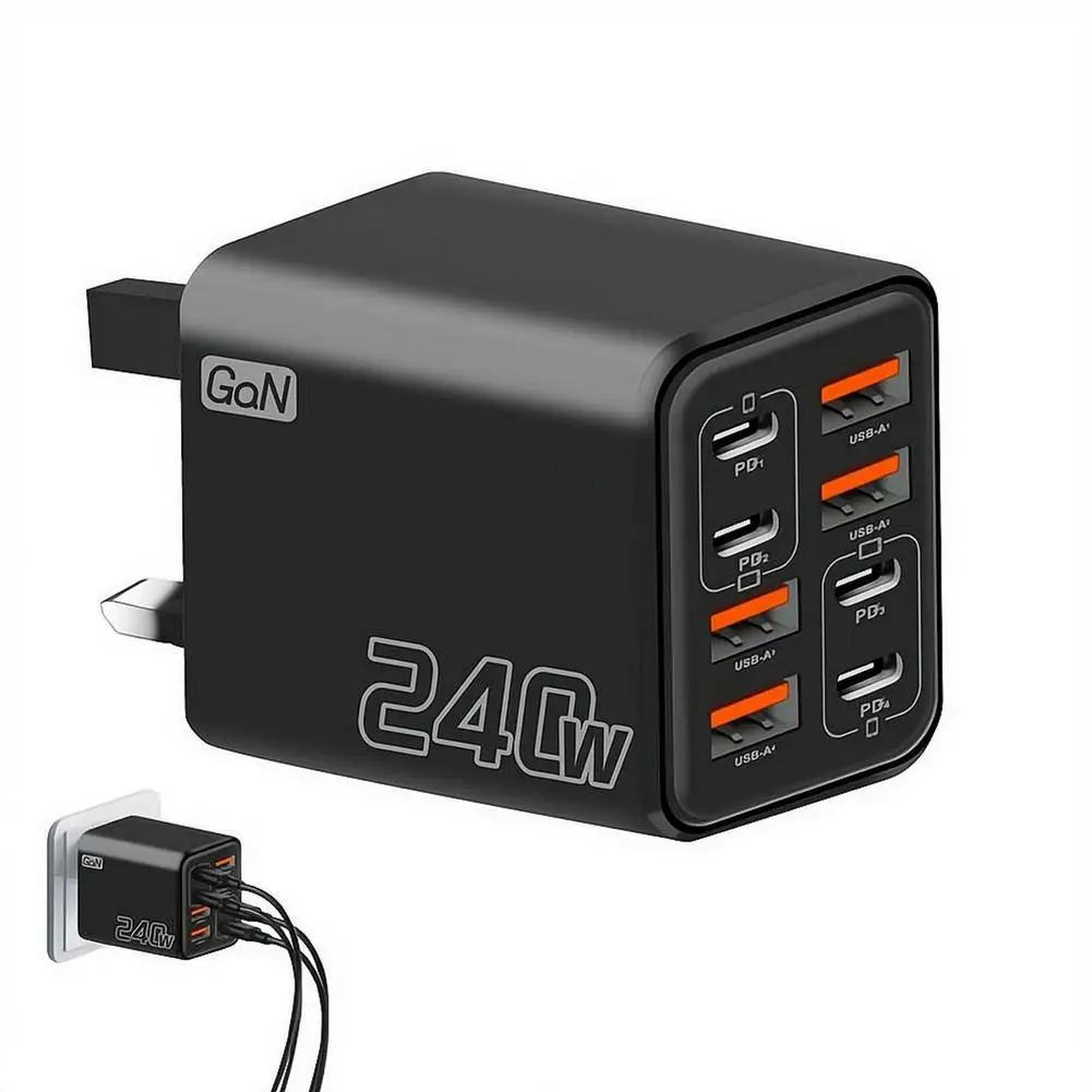240W GaN USB C Charger 8 in 1 Fast Charging Phone Charger Power Adapter For iPhone Samsung Xiaomi Type C EU/US Plug Wall Charger