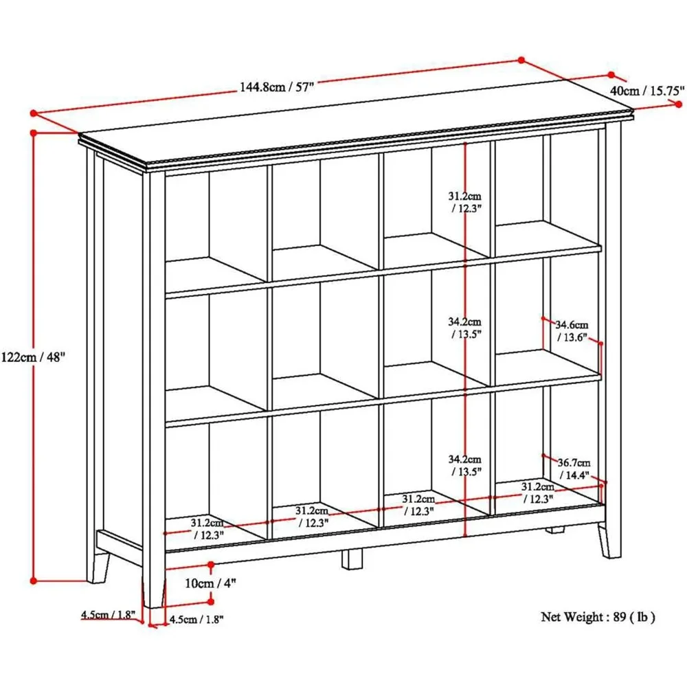 SOLID WOOD 57 Inch Transitional 12 Cube Storage in Honey Brown, For the Living Room, Study Room and Office