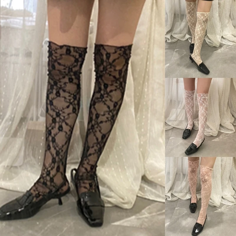 Flower Lace Fishnet Thigh Highs Stockings for Women Sweet Mesh Slouch Long Sock