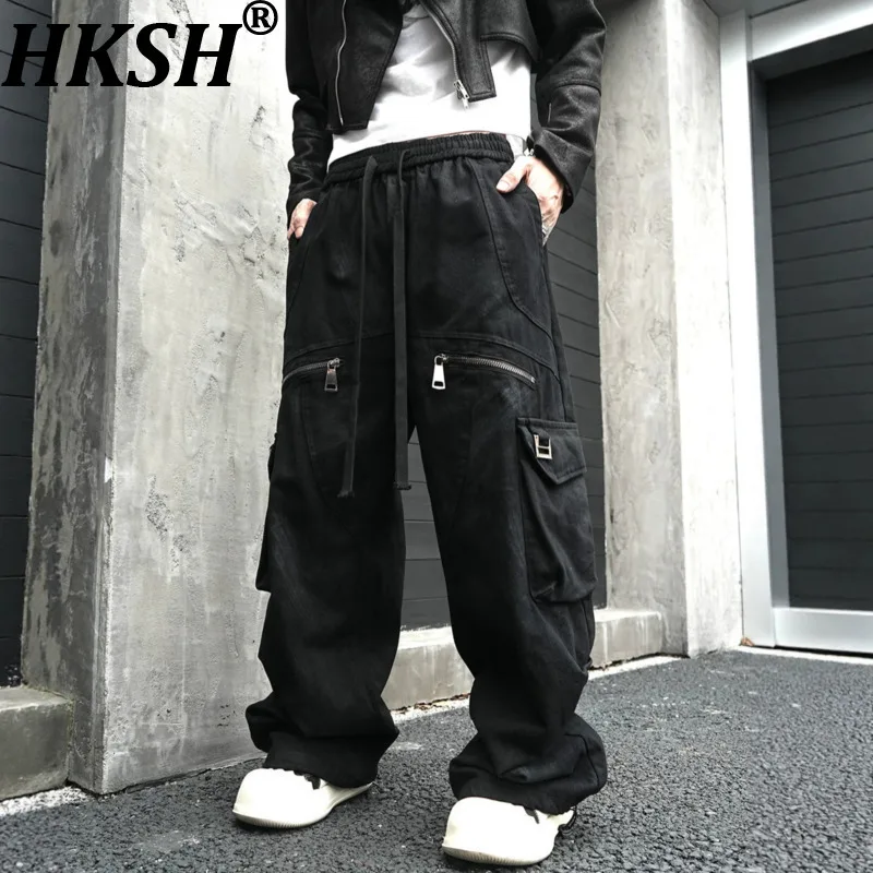 HKSH Autumn New Men Tide Dark Gothic Hip Hop Cargo Pants Three-Dimensional Pockets Metal Zipper Elastic Drawstring Waist HK28646