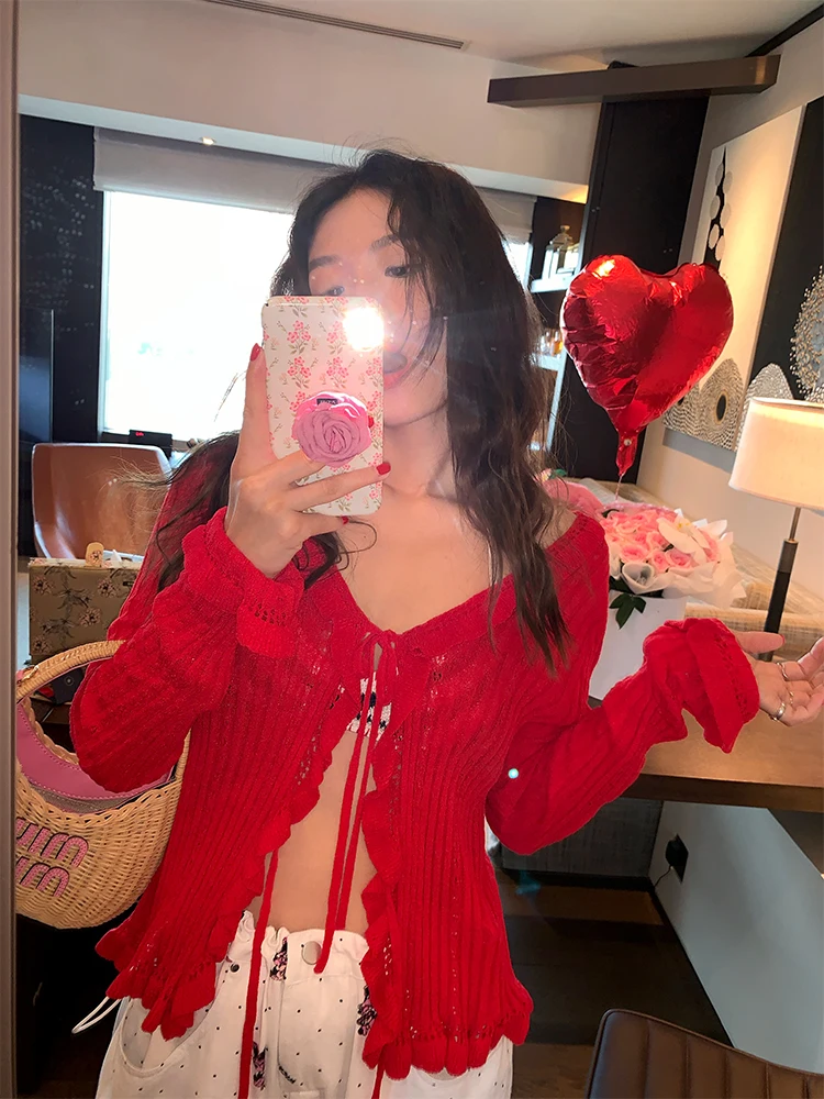 

Women's Ice Silk Knitted Long Sleeve Top Belted Outerwear Cardigan Soft Korean Style Slim Fit Daily Wear Breathable Thin
