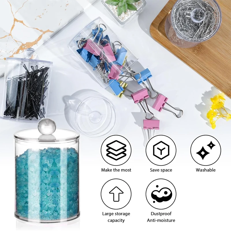 3-Pack Acrylic Qtip Holder Dispenser for Cotton Swabs, Balls, Floss Picks, Bathroom Jar Storage Organizer, Makeup Storage Box