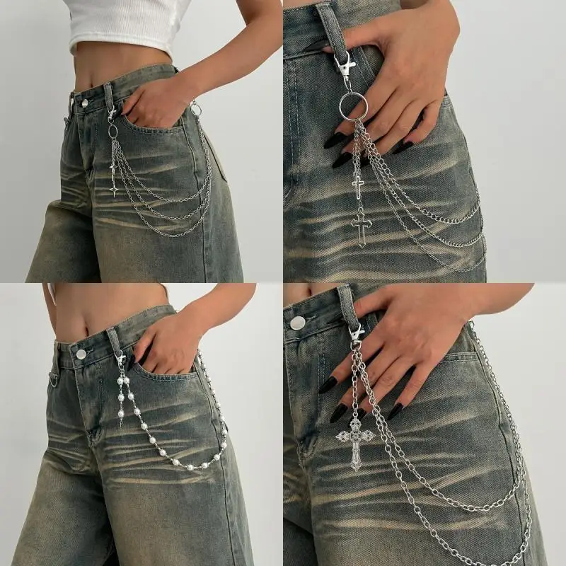 Punk Jeans Pants Chain Decor Multi Layer Chain Cross Charm Waist Wallet Chain Harajuku Belt For Hip Hop Dancers